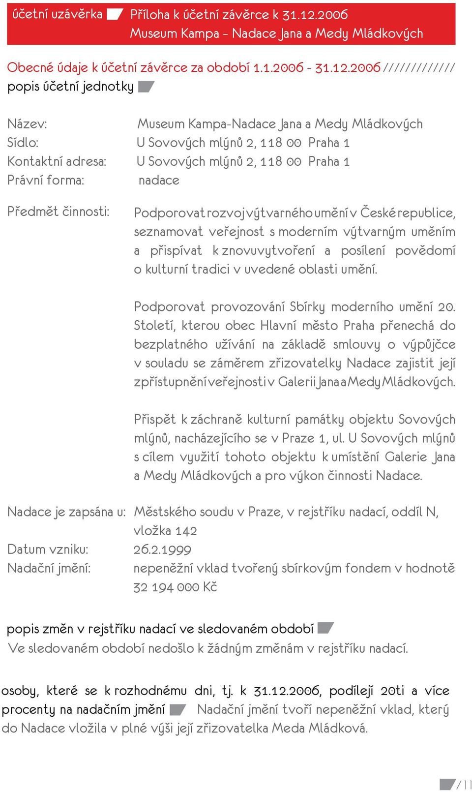 2006 popis účetní jednotky ///////////// Název: Museum Kampa-Nadace Jana a Medy Mládkových Sídlo: U Sovových mlýnů 2, 118 00 Praha 1 Kontaktní adresa: U Sovových mlýnů 2, 118 00 Praha 1 Právní forma: