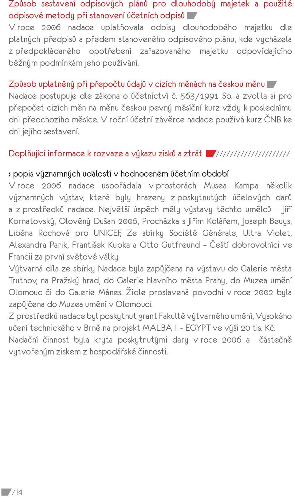 Způsob uplatněný při přepočtu údajů v cizích měnách na českou měnu Nadace postupuje dle zákona o účetnictví č. 563/1991 Sb.