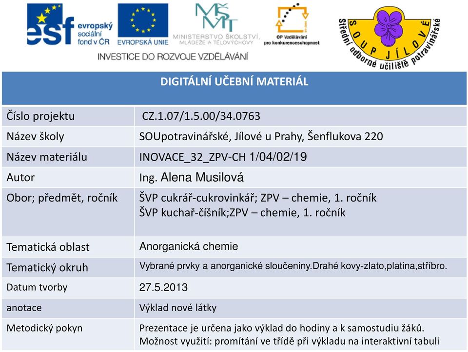 Alena Musilová ŠVP cukrář-cukrovinkář; ZPV chemie, 1. ročník ŠVP kuchař-číšník;zpv chemie, 1. ročník Tematická oblast Tematický okruh Datum tvorby 27.5.