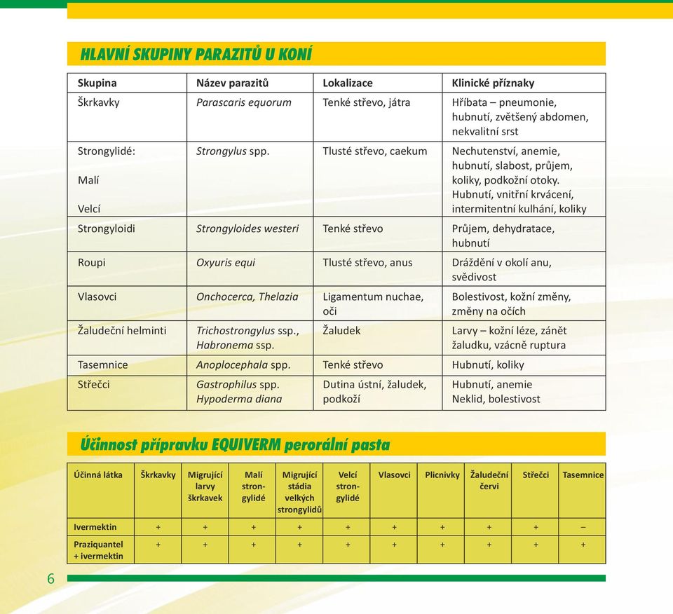 Hubnutí, vnitřní krvácení, Velcí intermitentní kulhání, koliky Strongyloidi Strongyloides westeri Tenké střevo Průjem, dehydratace, hubnutí Roupi Oxyuris equi Tlusté střevo, anus Dráždění v okolí