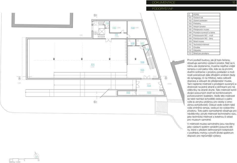 - muži 108 Pohotovostní WC - ženy 109 Sklad muzea 110 Technická místnost 111 Chodba 112 Odpadky 113 Sklad pro prodejnu První podlaží budovy, jak již bylo řečeno, obsahuje samotný výstavní prostor.