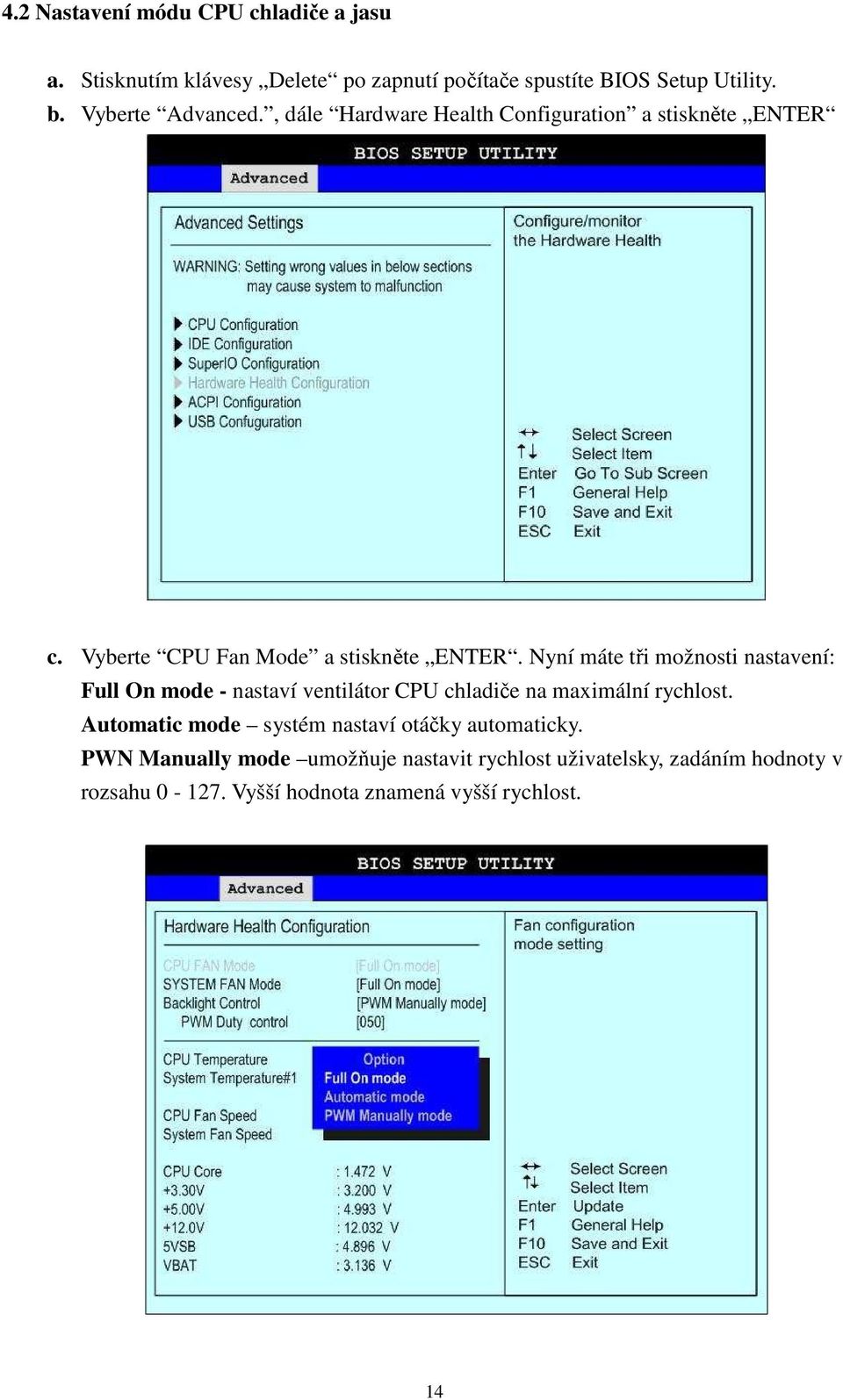 Nyní máte tři možnosti nastavení: Full On mode - nastaví ventilátor CPU chladiče na maximální rychlost.