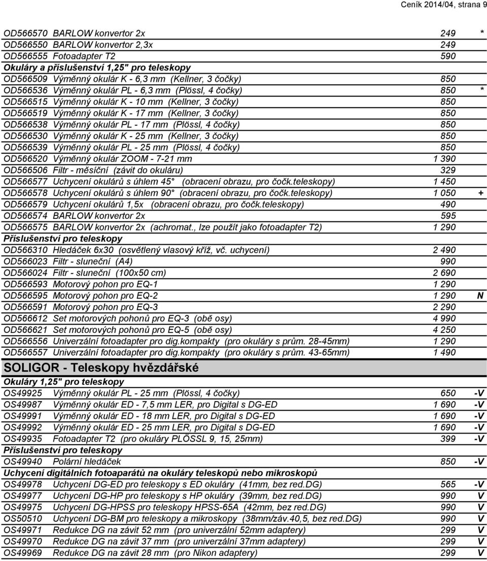 OD566538 Výměnný okulár PL - 17 mm (Plössl, 4 čočky) 850 OD566530 Výměnný okulár K - 25 mm (Kellner, 3 čočky) 850 OD566539 Výměnný okulár PL - 25 mm (Plössl, 4 čočky) 850 OD566520 Výměnný okulár ZOOM