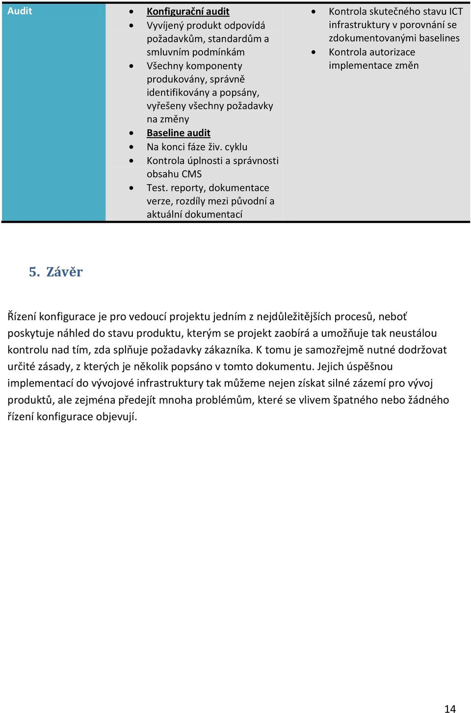reporty, dokumentace verze, rozdíly mezi původní a aktuální dokumentací Kontrola skutečného stavu ICT infrastruktury v porovnání se zdokumentovanými baselines Kontrola autorizace implementace změn 5.