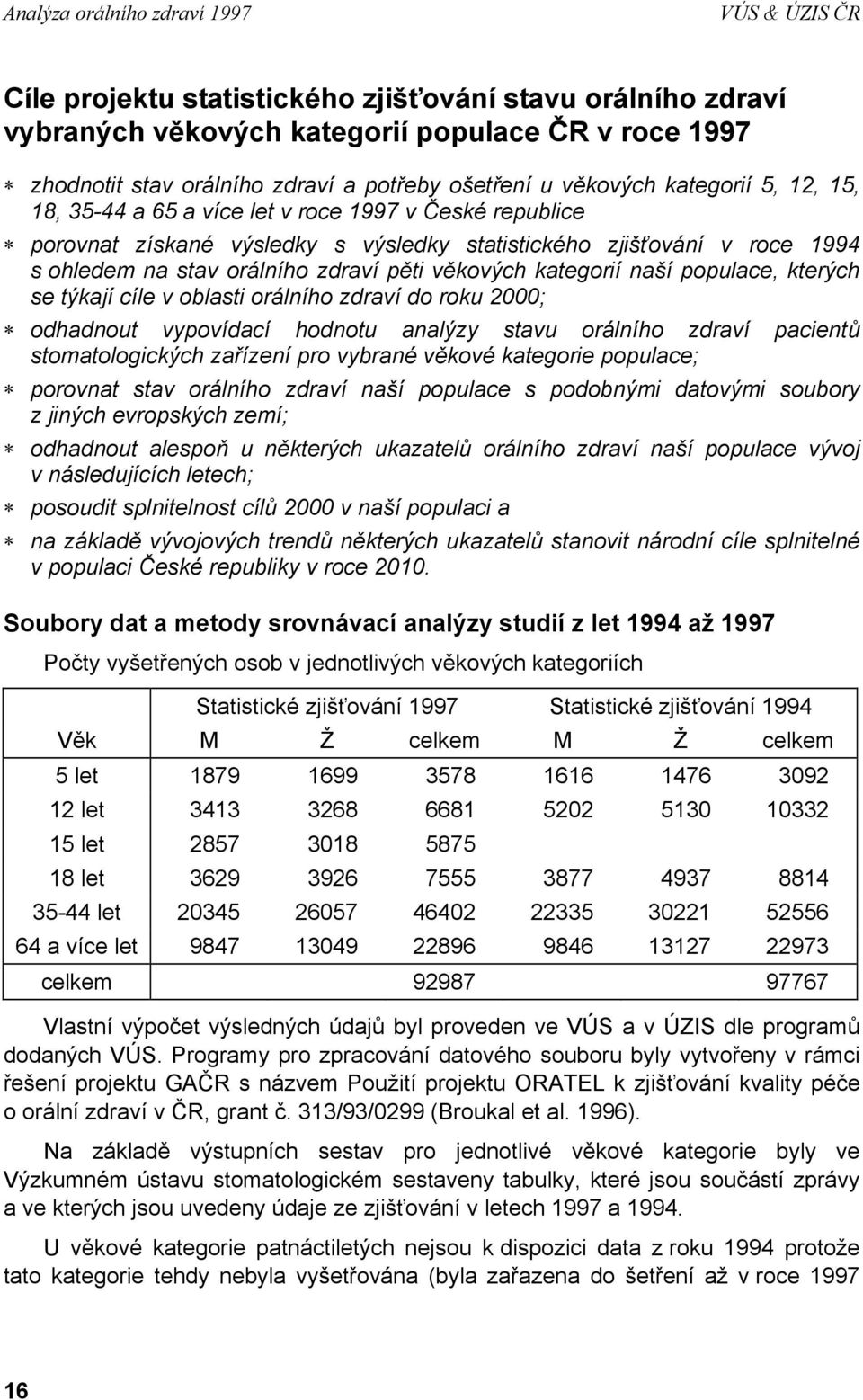 zdraví pěti věkových kategorií naší populace, kterých se týkají cíle v oblasti orálního zdraví do roku 2000; odhadnout vypovídací hodnotu analýzy stavu orálního zdraví pacientů stomatologických