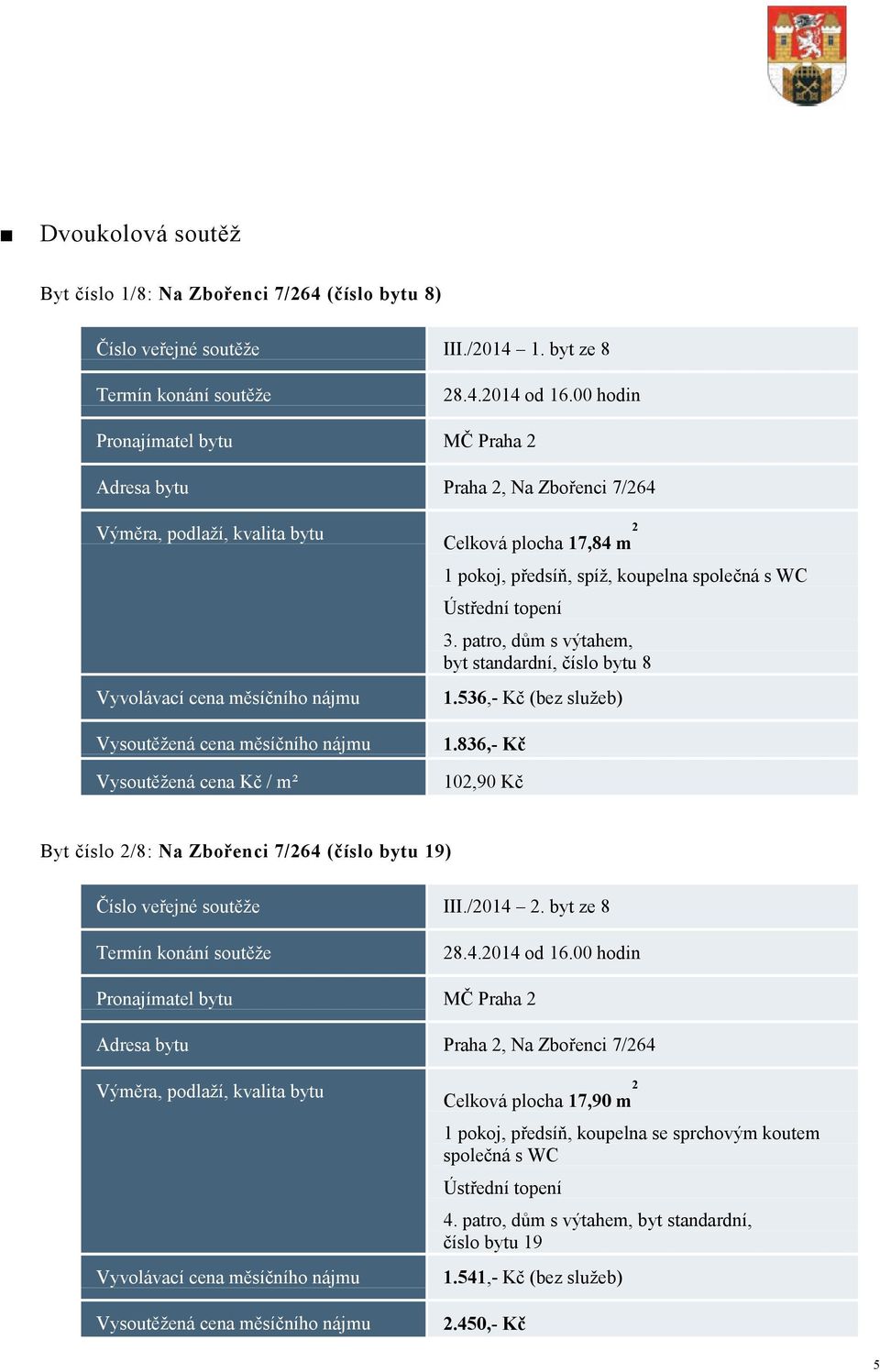 patro, dům s výtahem, byt standardní, číslo bytu 8 1.536,- Kč (bez služeb) 1.