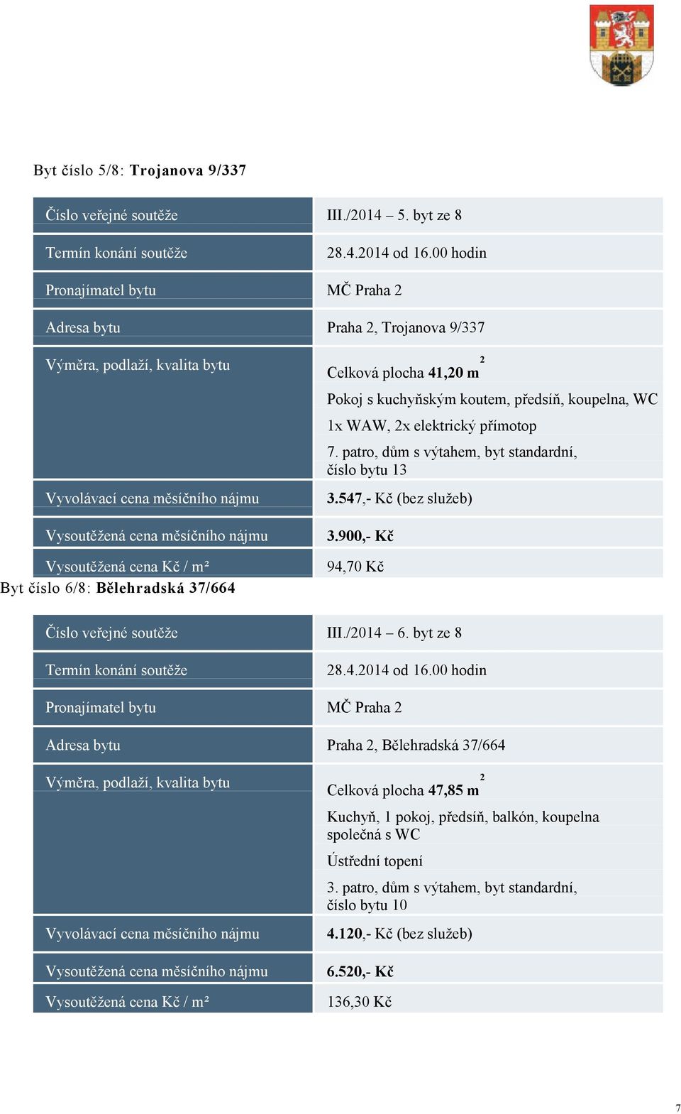 1x WAW, 2x elektrický přímotop 7. patro, dům s výtahem, byt standardní, číslo bytu 13 3.547,- Kč (bez služeb) 3.