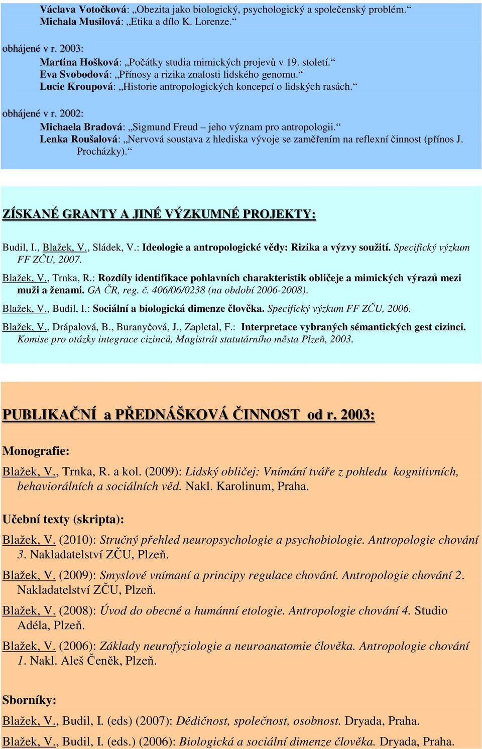 2002: Michaela Bradová: Sigmund Freud jeho význam pro antropologii. Lenka Roušalová: Nervová soustava z hlediska vývoje se zaměřením na reflexní činnost (přínos J. Procházky).