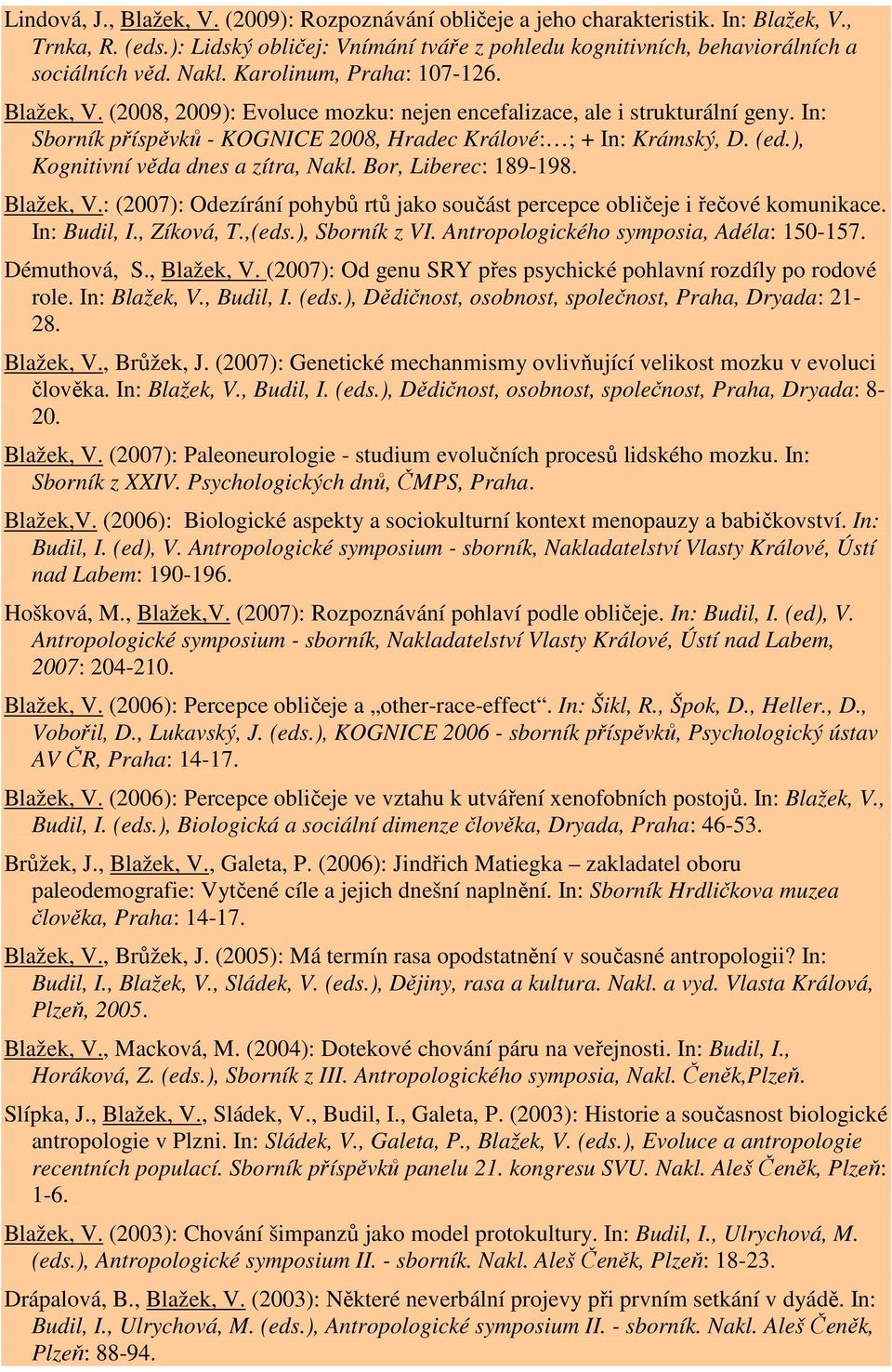 ), Kognitivní věda dnes a zítra, Nakl. Bor, Liberec: 189-198. Blažek, V.: (2007): Odezírání pohybů rtů jako součást percepce obličeje i řečové komunikace. In: Budil, I., Zíková, T.,(eds.