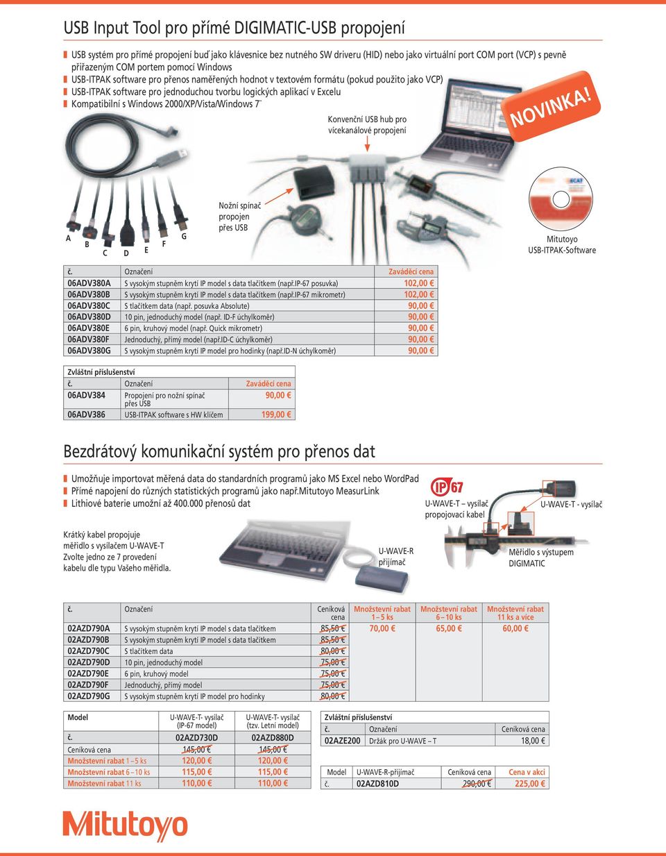 2000/XP/Vista/Windows 7 Konvenční USB hub pro vícekanálové propojení NOVINKA! A B C D E F G Nožní spínač propojen přes USB Mitutoyo USB-ITPAK-Software č.