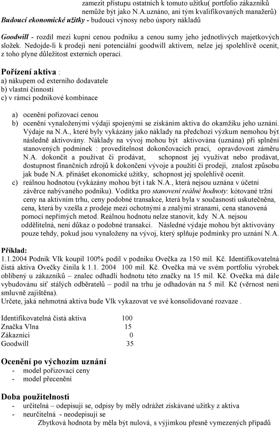 Nedojde-li k prodeji není potenciální goodwill aktivem, nelze jej spolehlivě ocenit, z toho plyne důležitost externích operací.