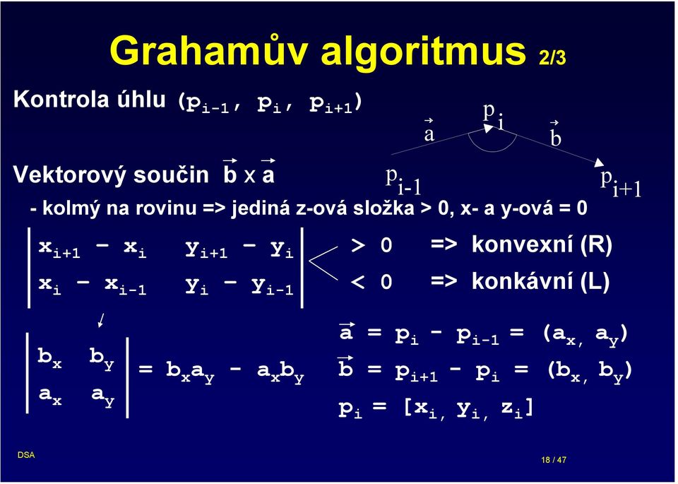 konvexní (R) x i x y i-1 i y i-1 < 0 => konkávní (L) p i+1 b x b y a x a y = b x a y - a x b