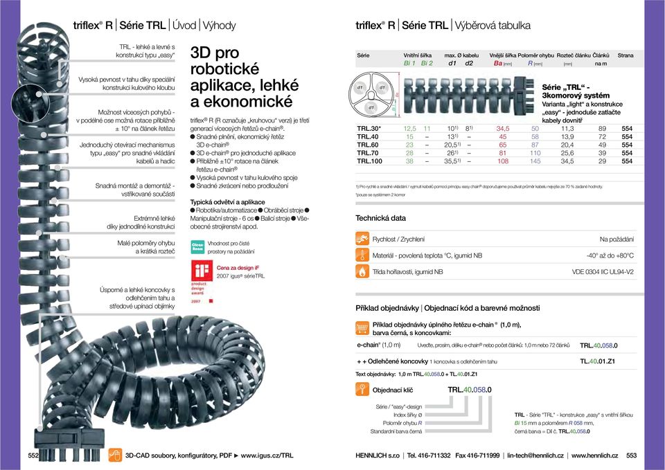 xtrémně lehké díky jednodílné konstrukci Malé poloměry ohybu a krátká rozteč 3D pro robotické aplikace, lehké a ekonomické triflex R (R označuje kruhovou verzi) je třetí generací víceosých řetězů