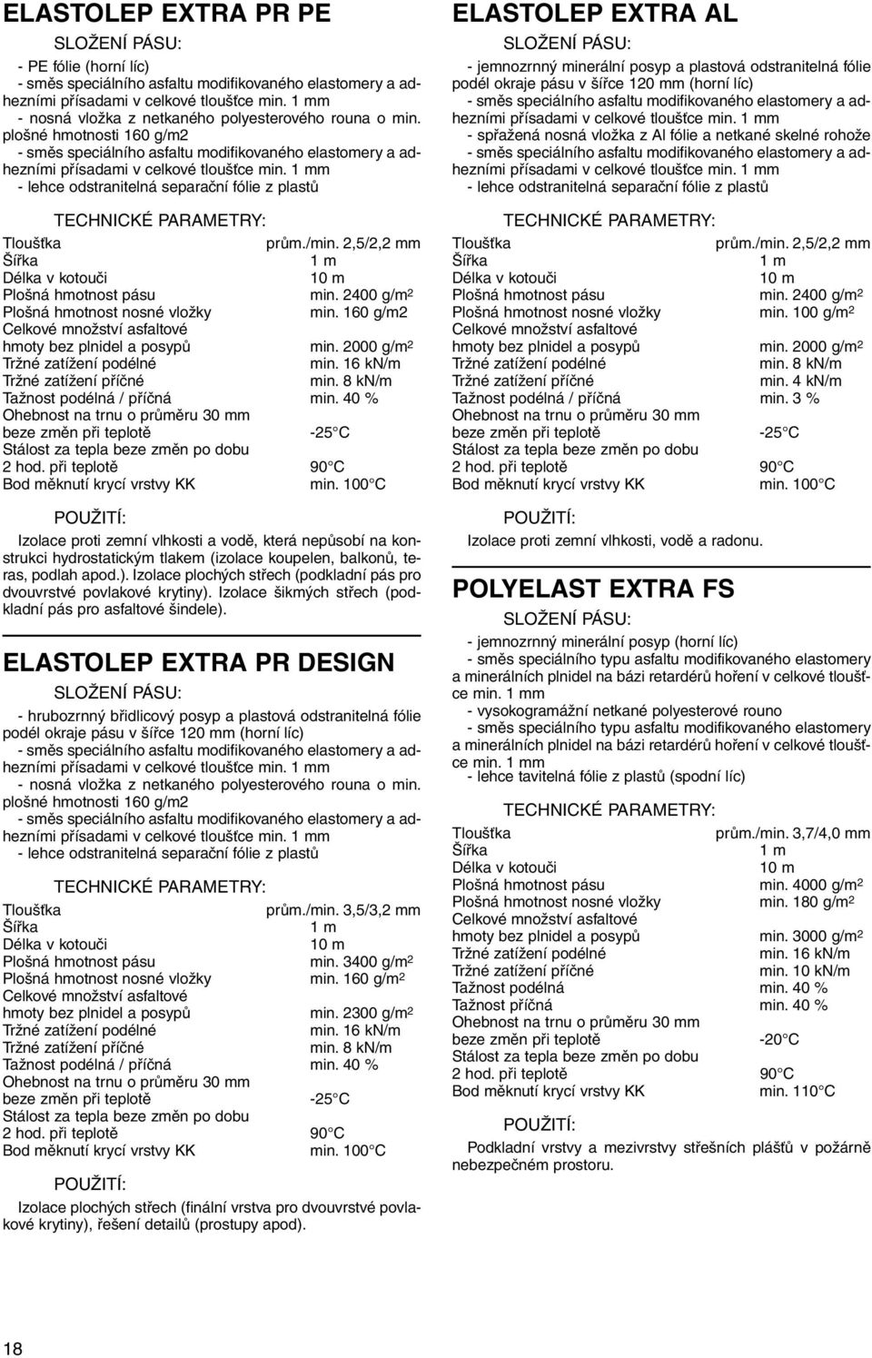 2,5/2,2 mm Plošná hmotnost pásu min. 2400 g/m 2 Plošná hmotnost nosné vložky min. 160 g/m2 hmoty bez plnidel a posypů min. 2000 g/m 2 min. 16 kn/m min. 8 kn/m Tažnost podélná / příčná min.