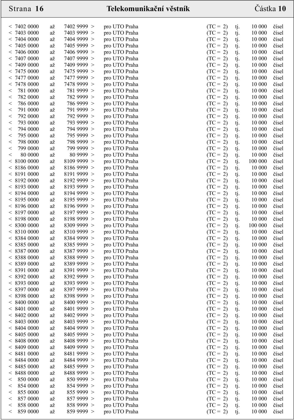 10 000 èísel < 7407 0000 až 7407 9999 > pro UTO Praha (TC = 2) tj. 10 000 èísel < 7409 0000 až 7409 9999 > pro UTO Praha (TC = 2) tj. 10 000 èísel < 7475 0000 až 7475 9999 > pro UTO Praha (TC = 2) tj.