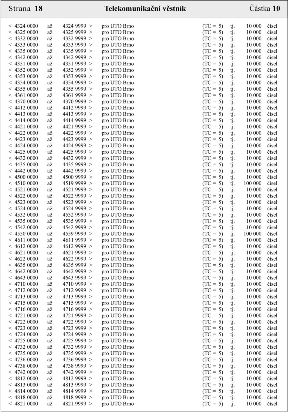 10 000 èísel < 4342 0000 až 4342 9999 > pro UTO Brno (TC = 5) tj. 10 000 èísel < 4351 0000 až 4351 9999 > pro UTO Brno (TC = 5) tj. 10 000 èísel < 4352 0000 až 4352 9999 > pro UTO Brno (TC = 5) tj.