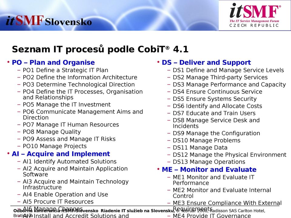 Manage the IT Investment PO6 Communicate Management Aims and Direction PO7 Manage IT Human Resources PO8 Manage Quality PO9 Assess and Manage IT Risks PO10 Manage Projects AI Acquire and Implement