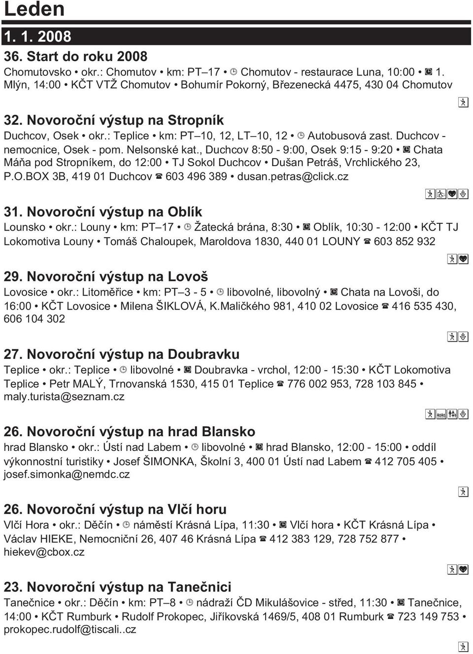 , Duchcov 8:50-9:00, Osek 9:15-9:20 Chata Má a pod Stropníkem, do 12:00 TJ Sokol Duchcov Dušan Petráš, Vrchlického 23, P.O.BOX 3B, 419 01 Duchcov 603 496 389 dusan.petras@click.cz 31.