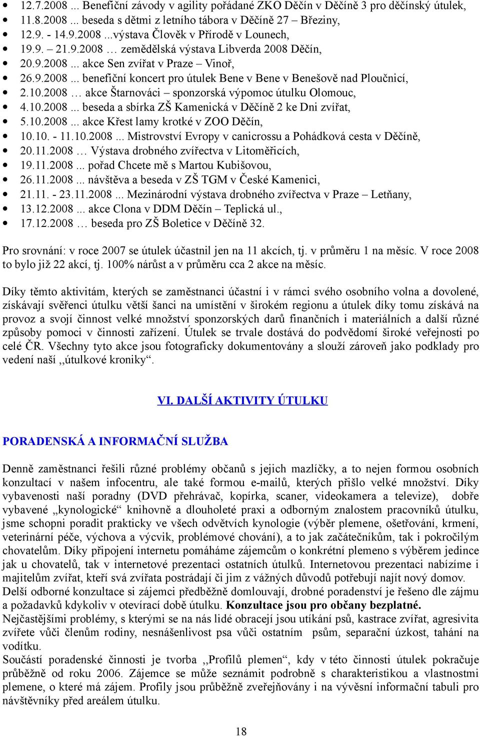 2008 akce Štarnováci sponzorská výpomoc útulku Olomouc, 4.10.2008... beseda a sbírka ZŠ Kamenická v Děčíně 2 ke Dni zvířat, 5.10.2008... akce Křest lamy krotké v ZOO Děčín, 10.10. - 11.10.2008... Mistrovství Evropy v canicrossu a Pohádková cesta v Děčíně, 20.