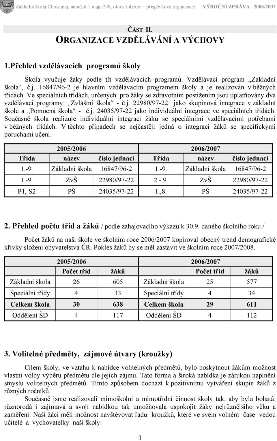 j. 24035/97-22 jako individuální integrace ve speciálních třídách. Současně škola realizuje individuální integraci žáků se speciálními vzdělávacími potřebami v běžných třídách.