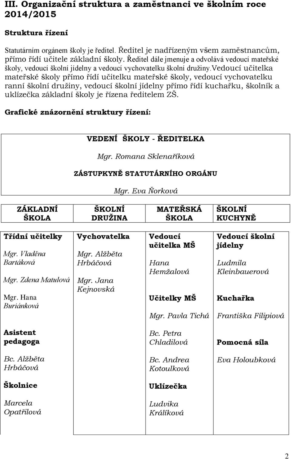 vedoucí učitelka mateřské školy přímo řídí učitelku mateřské školy, vedoucí vychovatelku ranní školní druţiny, vedoucí školní jídelny přímo řídí kuchařku, školník a uklízečka základní školy je řízena