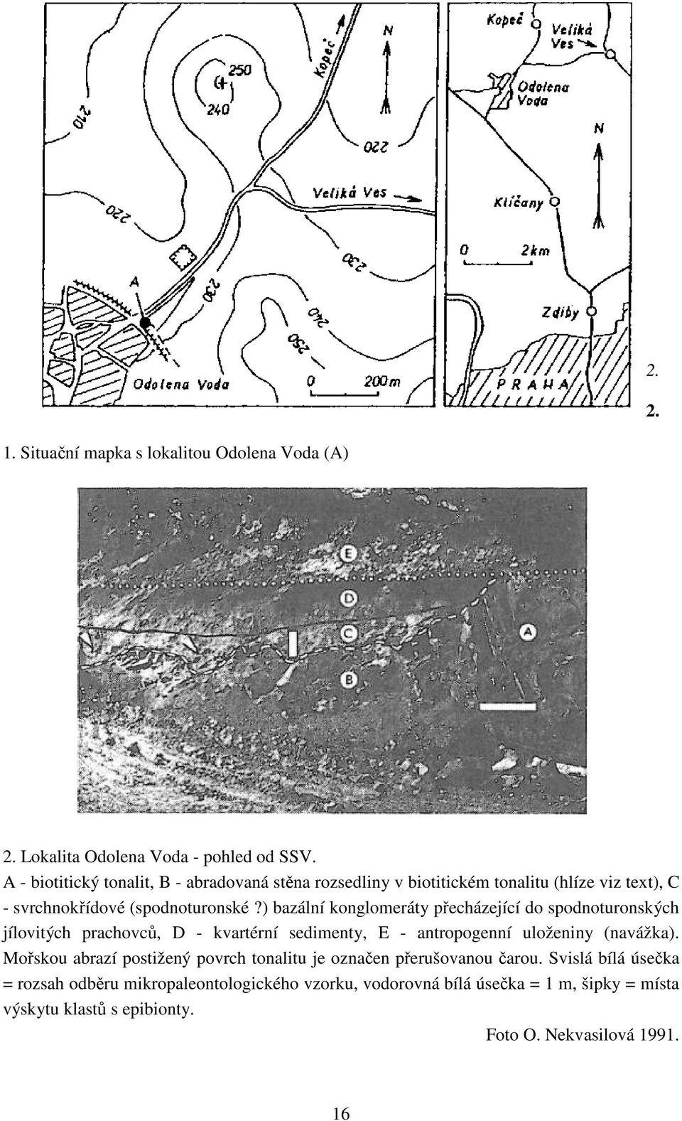 ) bazální konglomeráty přecházející do spodnoturonských jílovitých prachovců, D - kvartérní sedimenty, E - antropogenní uloženiny (navážka).