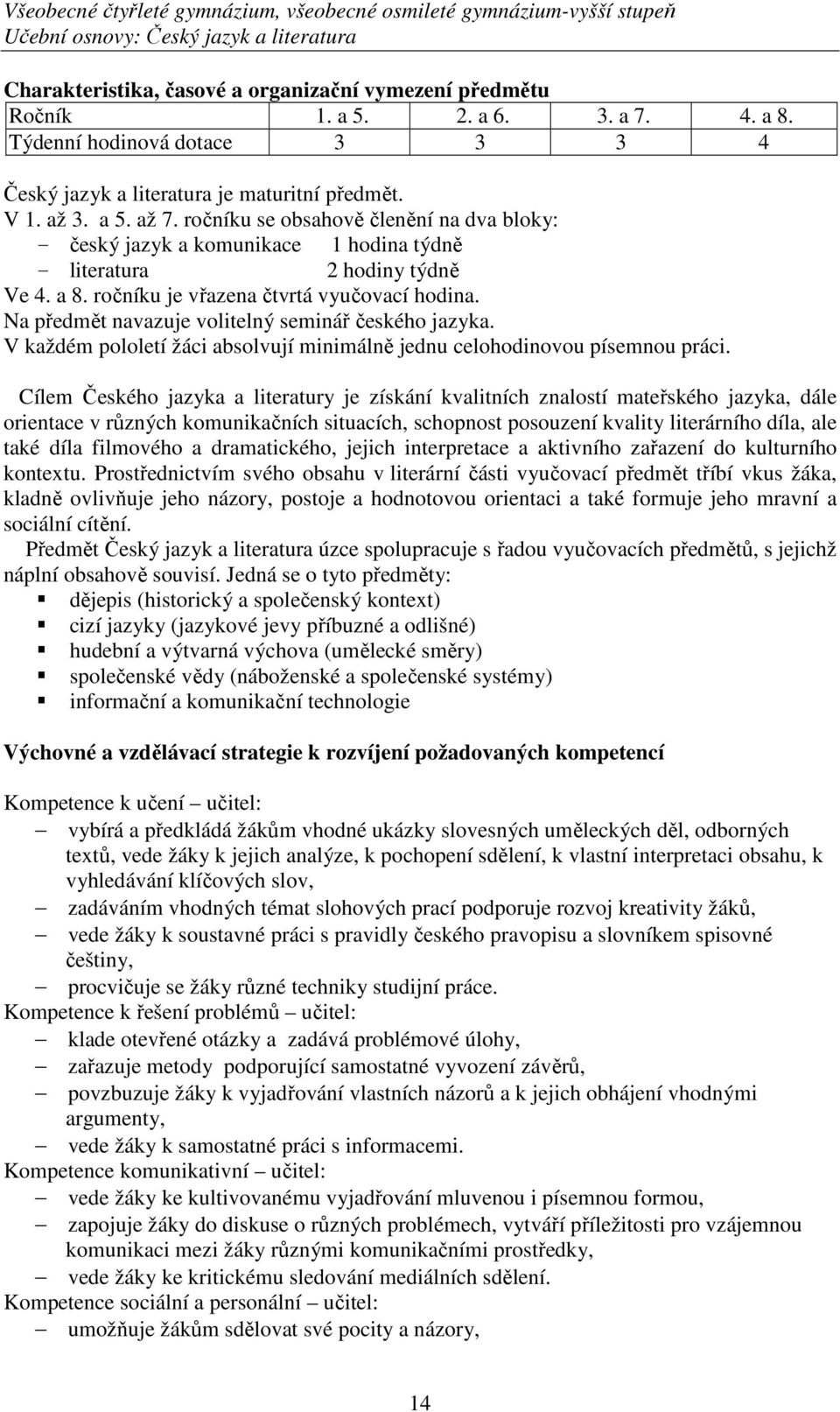 ročníku se obsahově členění na dva bloky: - český jazyk a komunikace 1 hodina týdně - literatura 2 hodiny týdně Ve 4. a 8. ročníku je vřazena čtvrtá vyučovací hodina.