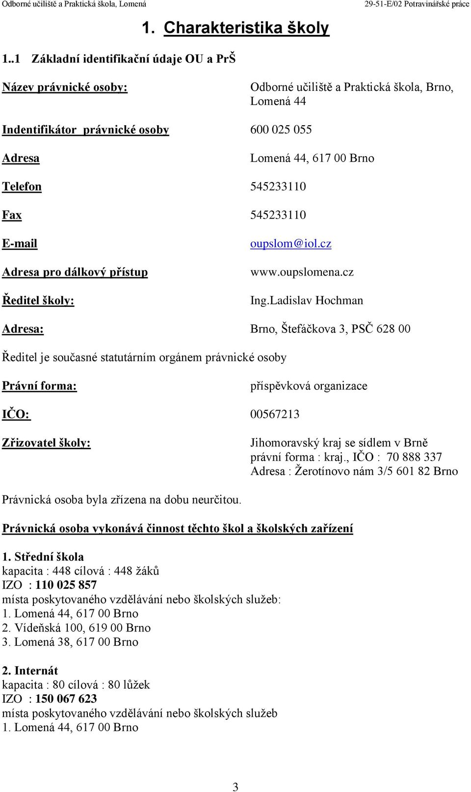 545233110 Fax 545233110 E-mail Adresa pro dálkový přístup Ředitel školy: oupslom@iol.cz www.oupslomena.cz Ing.