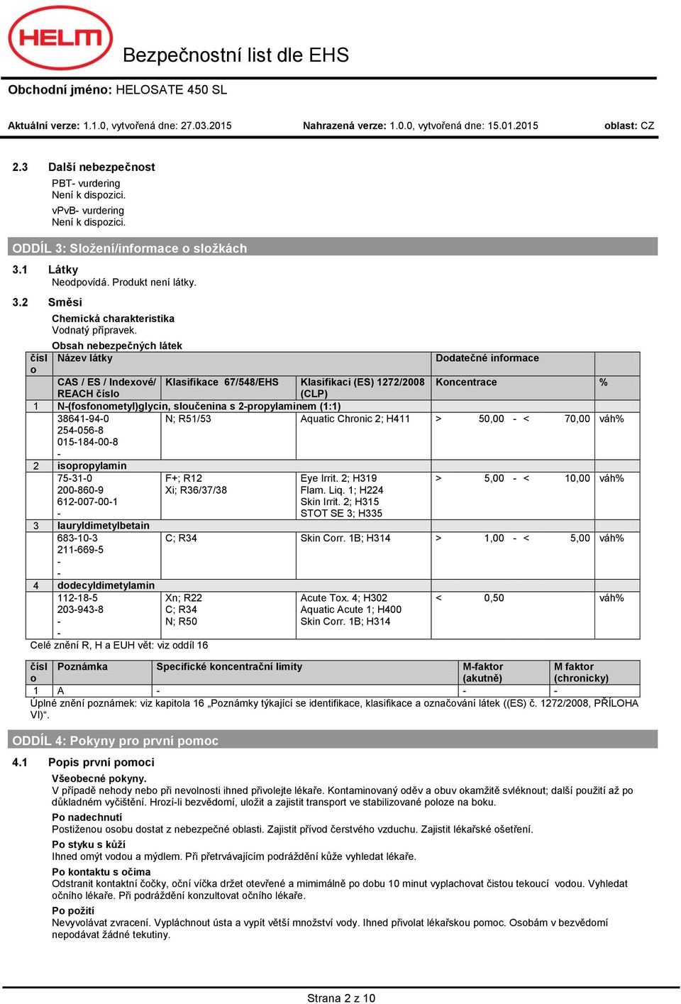 Obsah nebezpečných látek Název látky Ddatečné infrmace CAS / ES / Indexvé/ Klasifikace 67/548/EHS Klasifikaci (ES) 1272/2008 Kncentrace % REACH čísl (CLP) 1 N(fsfnmetyl)glycin, slučenina s