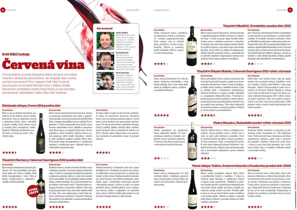 Pro magazín Svět H&G hodnotí renomovaní sommelieři Richard Süss z Makra, ředitel Národního vinařského centra Pavel Krška a své poznatky zaznamenal i šéfredaktor Světa H&G Petr Holeček.