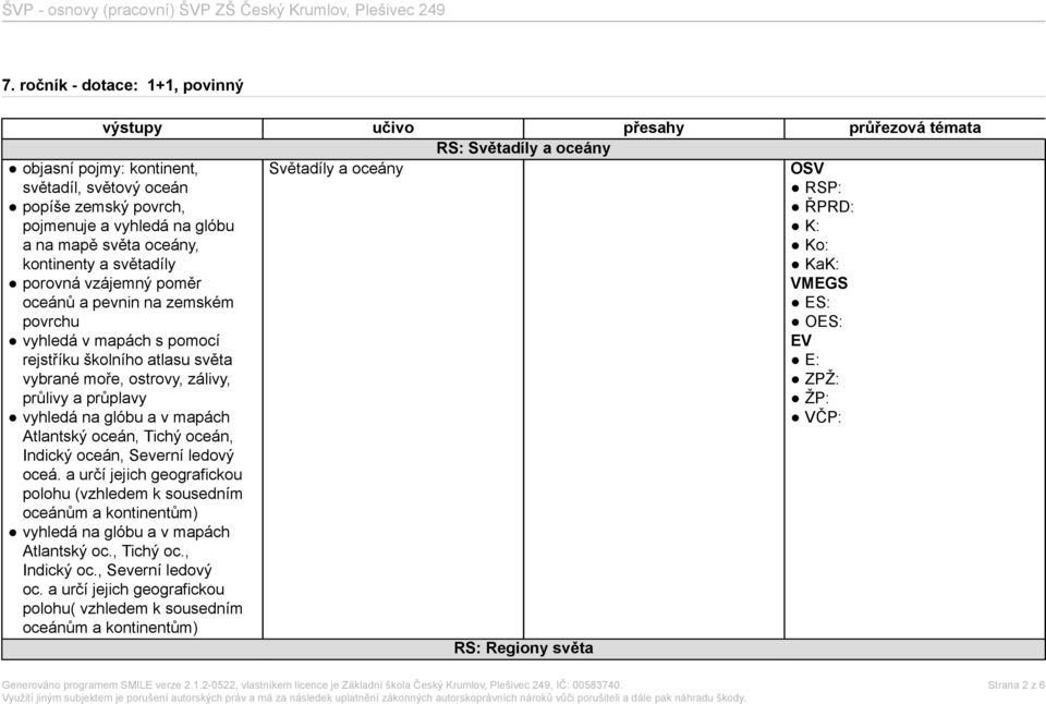 mapách Světadíly a oceány OSV RSP: ŘPRD: K: Ko: KaK: VMEGS ES: OES: EV E: ZPŽ: ŽP: VČP: Atlantský oceán, Tichý oceán, Indický oceán, Severní ledový oceá.