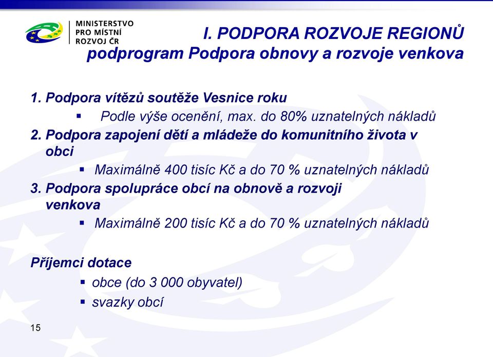 Podpora zapojení dětí a mládeže do komunitního života v obci Maximálně 400 tisíc Kč a do 70 % uznatelných