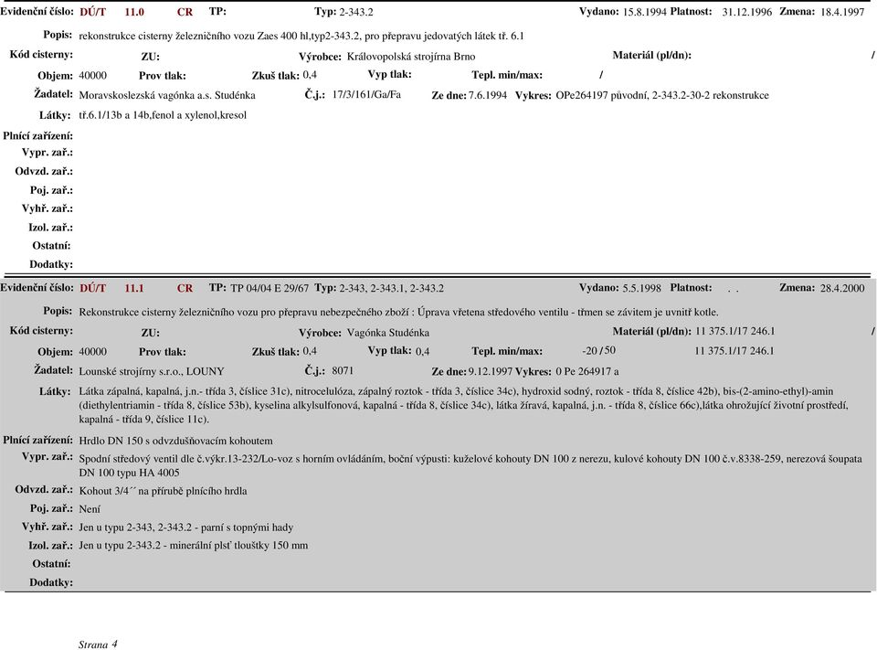 s. Studénka Č.j.: 17/3/161/Ga/Fa Ze dne: 7.6.1994 Vykres: OPe264197 původní, 2-343.2-30-2 rekonstrukce tř.6.1/13b a 14b,fenol a xylenol,kresol Vypr. zař.: Evidenční číslo: DÚ/T 11.