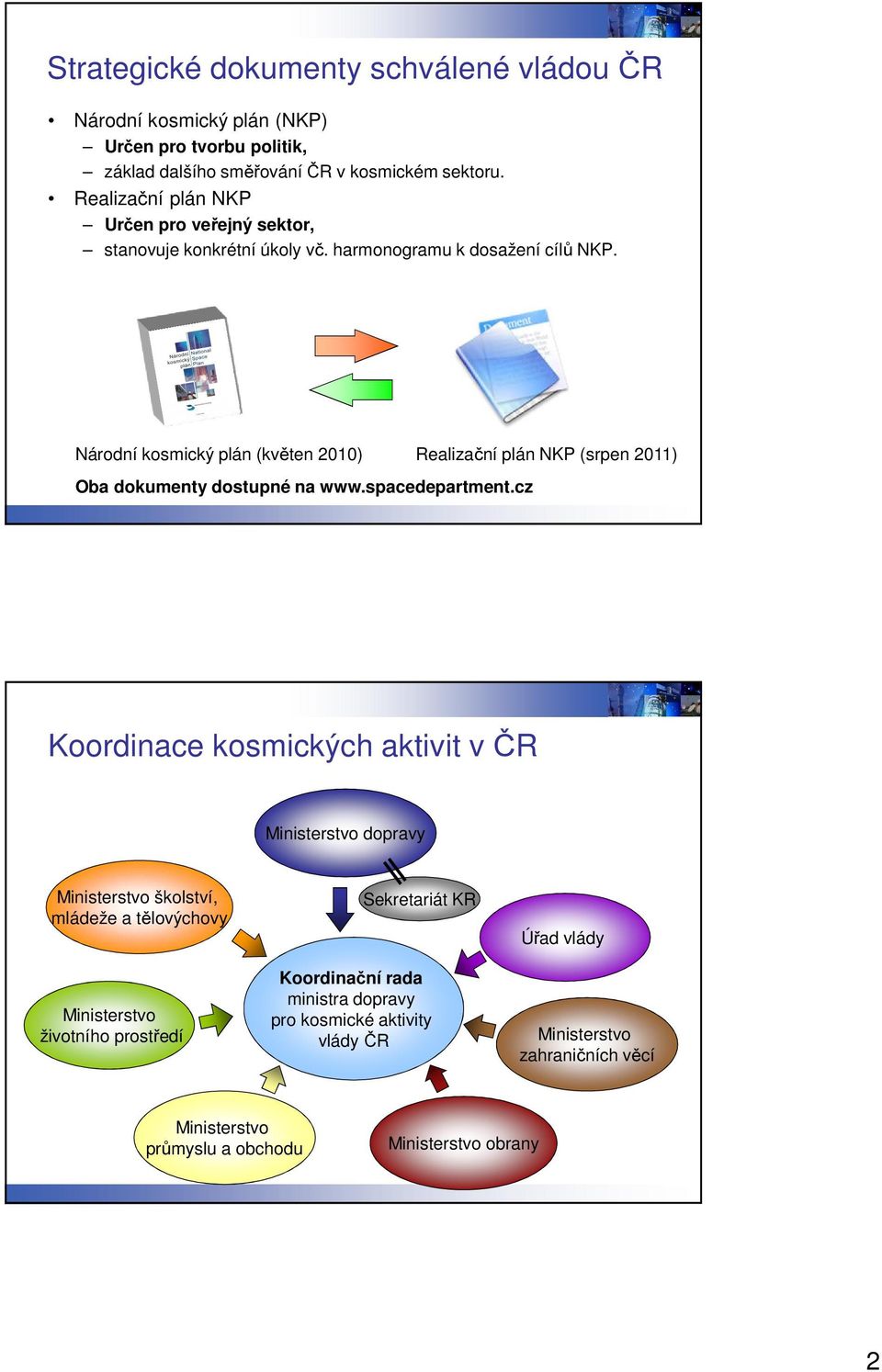 Národní kosmický plán (květen 2010) Realizační plán NKP (srpen 2011) Oba dokumenty dostupné na www.spacedepartment.