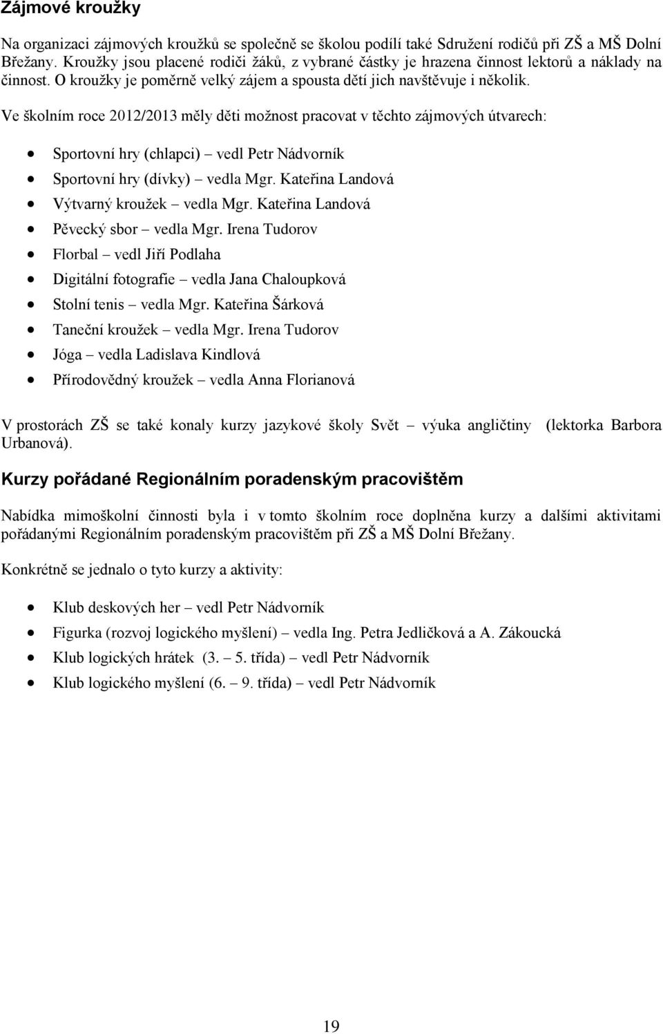 Ve školním roce 2012/2013 měly děti možnost pracovat v těchto zájmových útvarech: Sportovní hry (chlapci) vedl Petr Nádvorník Sportovní hry (dívky) vedla Mgr.