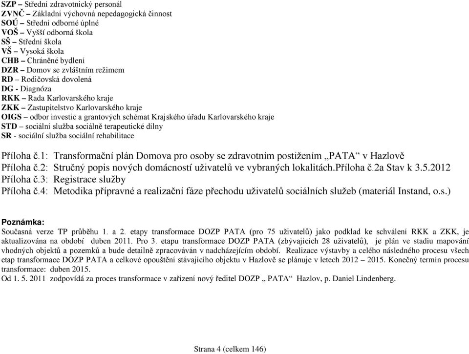 STD sociální služba sociálně terapeutické dílny SR - sociální služba sociální rehabilitace Příloha č.1: Transformační plán Domova pro osoby se zdravotním postižením PATA v Hazlově Příloha č.