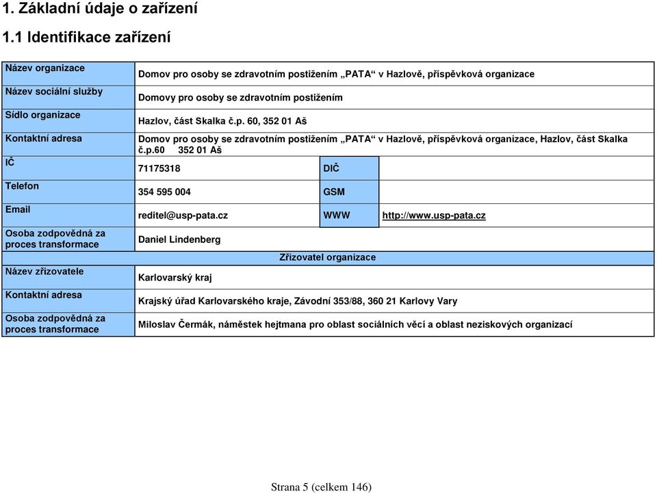 zodpovědná za proces transformace Domov pro osoby se zdravotním postižením PATA v Hazlově, příspěvková organizace Domovy pro osoby se zdravotním postižením Hazlov, část Skalka č.p. 60, 352 01 Aš Domov pro osoby se zdravotním postižením PATA v Hazlově, příspěvková organizace, Hazlov, část Skalka č.