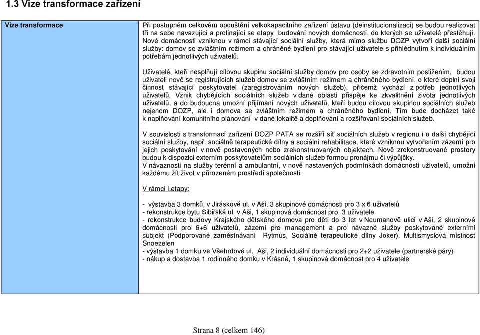 Nové domácnosti vzniknou v rámci stávající sociální služby, která mimo službu DOZP vytvoří další sociální služby: domov se zvláštním režimem a chráněné bydlení pro stávající uživatele s přihlédnutím