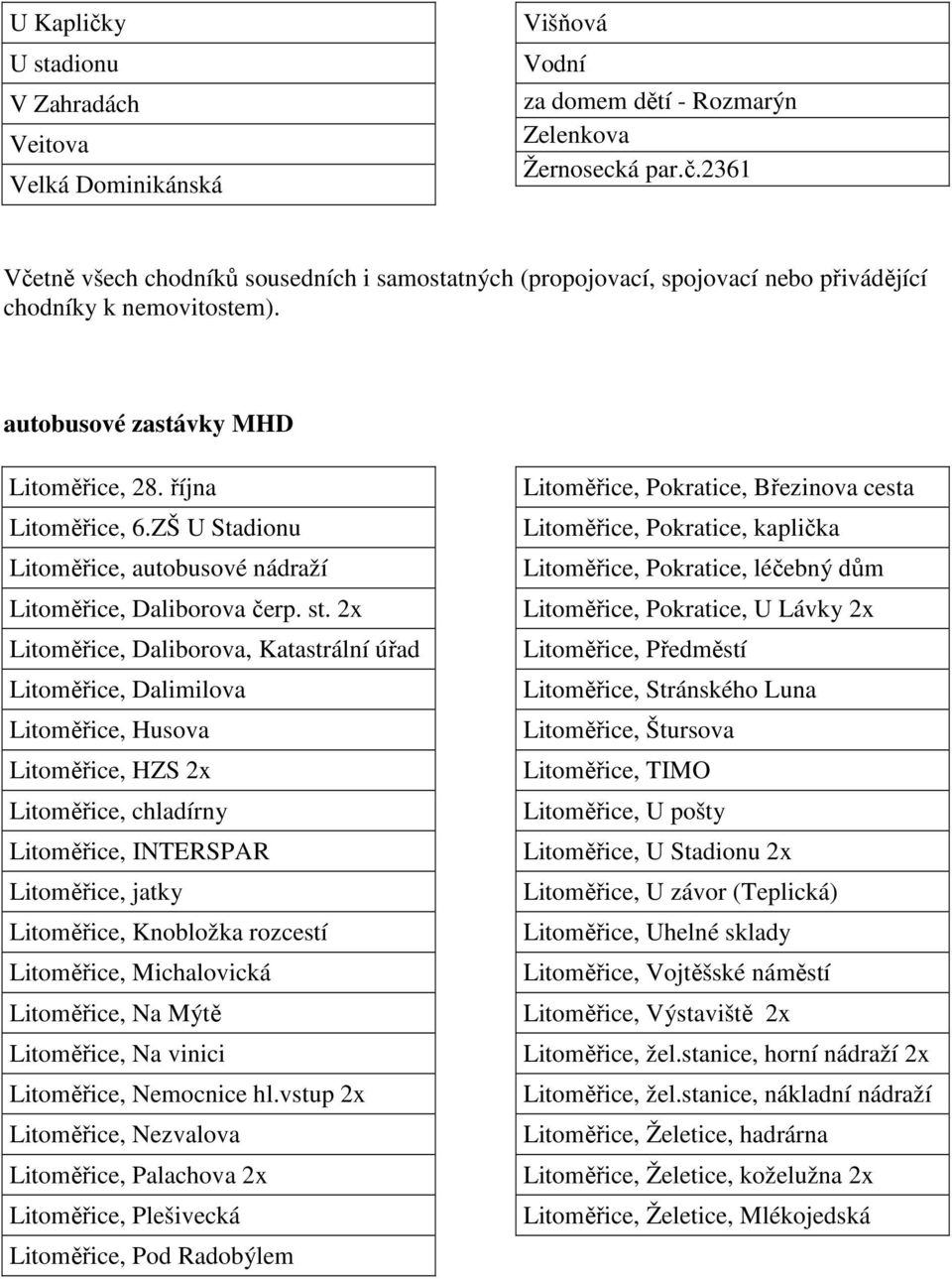 2x Litoměřice, Daliborova, Katastrální úřad Litoměřice, Dalimilova Litoměřice, Husova Litoměřice, HZS 2x Litoměřice, chladírny Litoměřice, INTERSPAR Litoměřice, jatky Litoměřice, Knobložka rozcestí