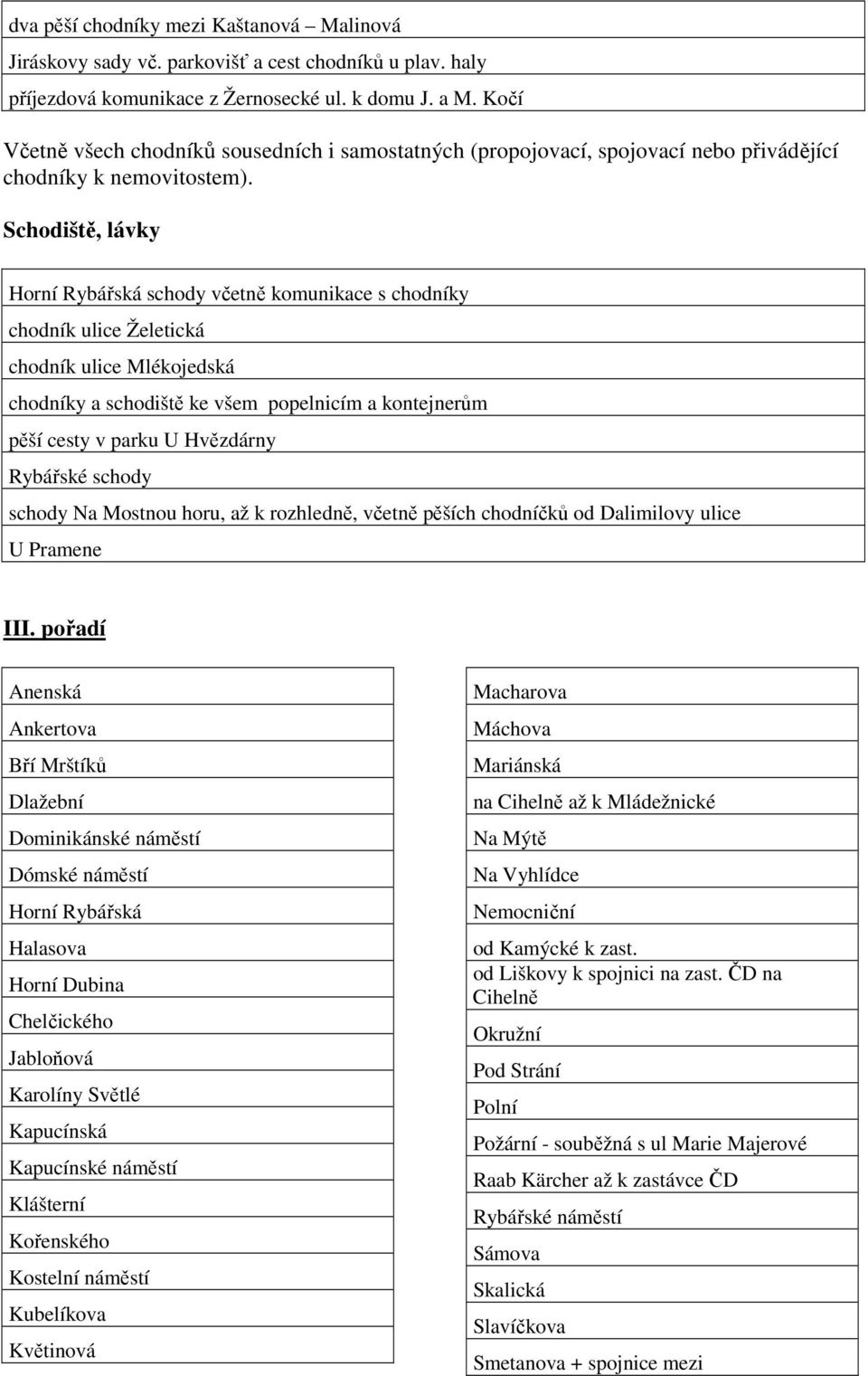 Schodiště, lávky Horní Rybářská schody včetně komunikace s chodníky chodník ulice Želetická chodník ulice Mlékojedská chodníky a schodiště ke všem popelnicím a kontejnerům pěší cesty v parku U