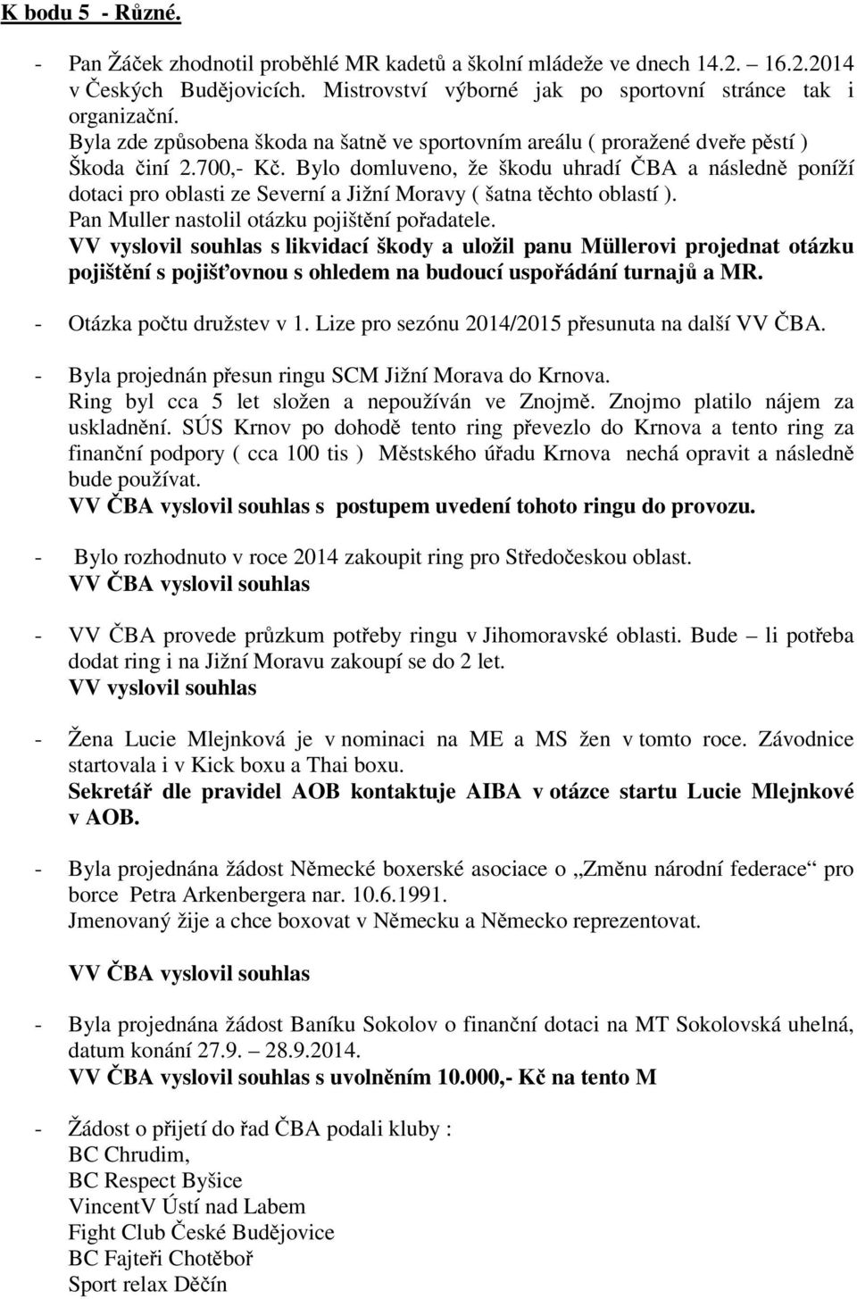 Bylo domluveno, že škodu uhradí ČBA a následně poníží dotaci pro oblasti ze Severní a Jižní Moravy ( šatna těchto oblastí ). Pan Muller nastolil otázku pojištění pořadatele.