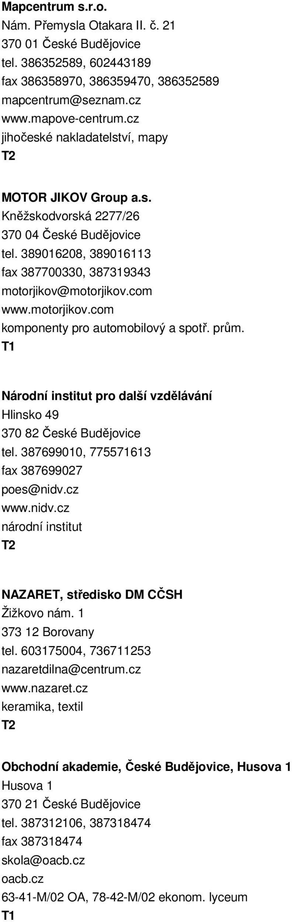 motorjikov.com www.motorjikov.com komponenty pro automobilový a spotř. prům. Národní institut pro další vzdělávání Hlinsko 49 370 82 České Budějovice tel. 387699010, 775571613 fax 387699027 poes@nidv.