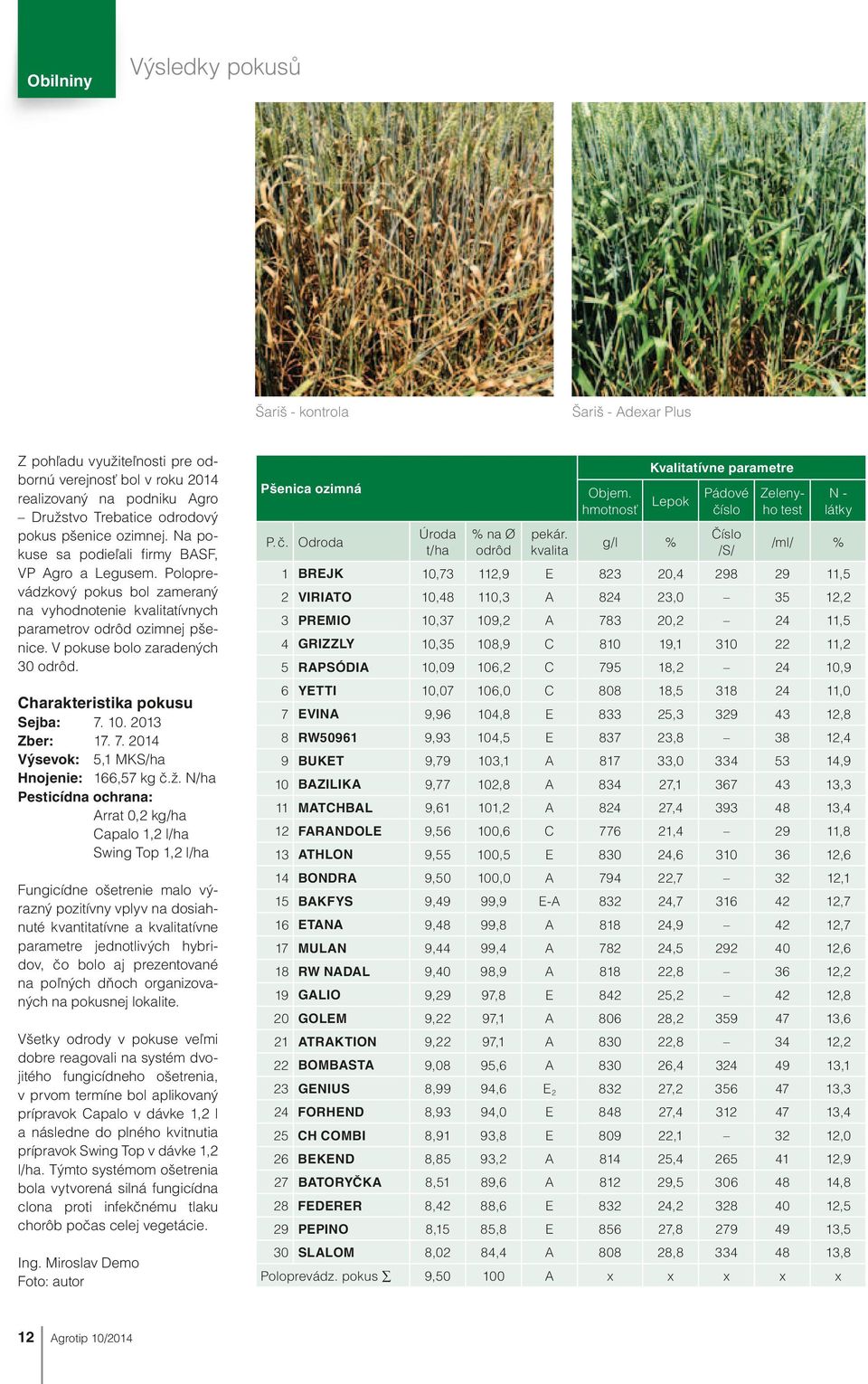 Charakteristika pokusu Sejba: 7. 10. 2013 Zber: 17. 7. 2014 Výsevok: 5,1 MKS/ha Hnojenie: 166,57 kg č.ž.