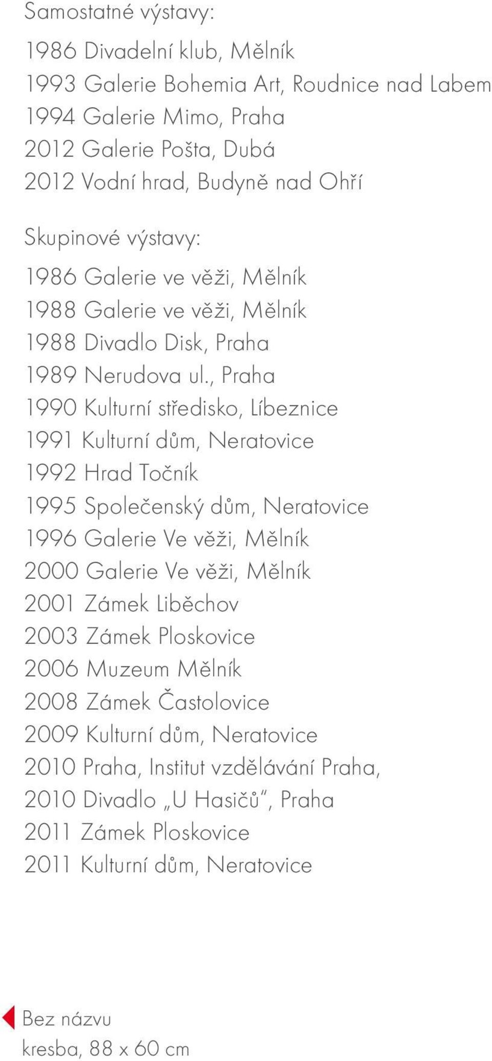 , Praha 1990 Kulturní středisko, Líbeznice 1991 Kulturní dům, Neratovice 1992 Hrad Točník 1995 Společenský dům, Neratovice 1996 Galerie Ve věži, Mělník 2000 Galerie Ve věži, Mělník