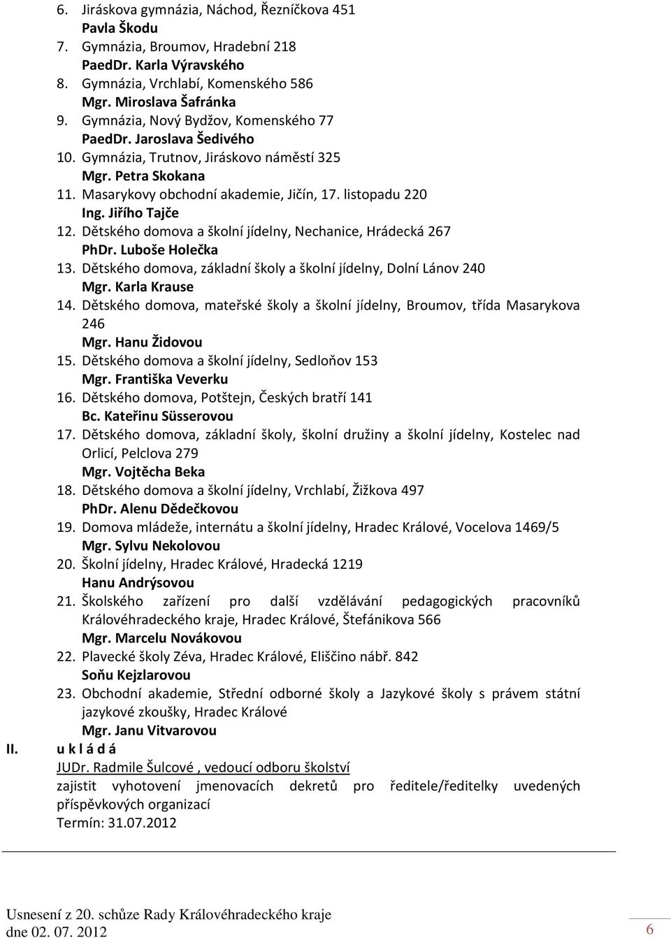 Jiřího Tajče 12. Dětského domova a školní jídelny, Nechanice, Hrádecká 267 PhDr. Luboše Holečka 13. Dětského domova, základní školy a školní jídelny, Dolní Lánov 240 Mgr. Karla Krause 14.