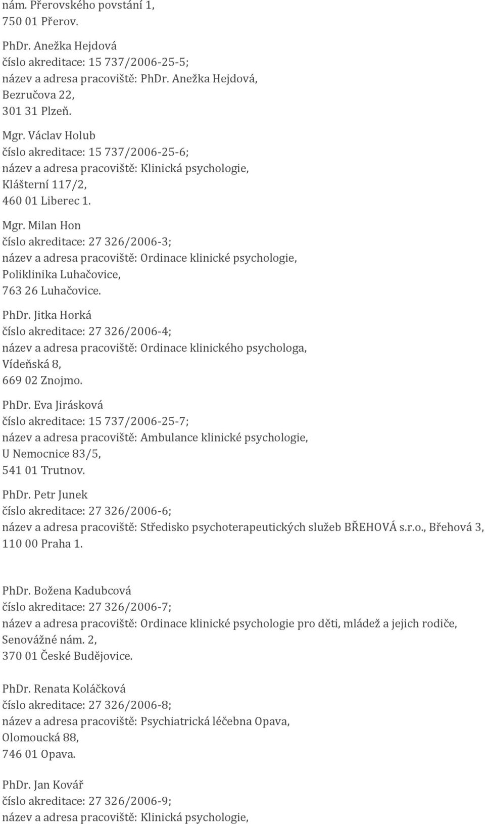 Milan Hon číslo akreditace: 27 326/2006-3; název a adresa pracoviště: Ordinace klinické psychologie, Poliklinika Luhačovice, 763 26 Luhačovice. PhDr.