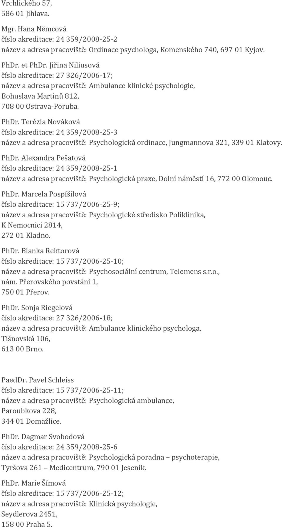 Terézia Nováková číslo akreditace: 24 359/2008-25-3 název a adresa pracoviště: Psychologická ordinace, Jungmannova 321, 339 01 Klatovy. PhDr.