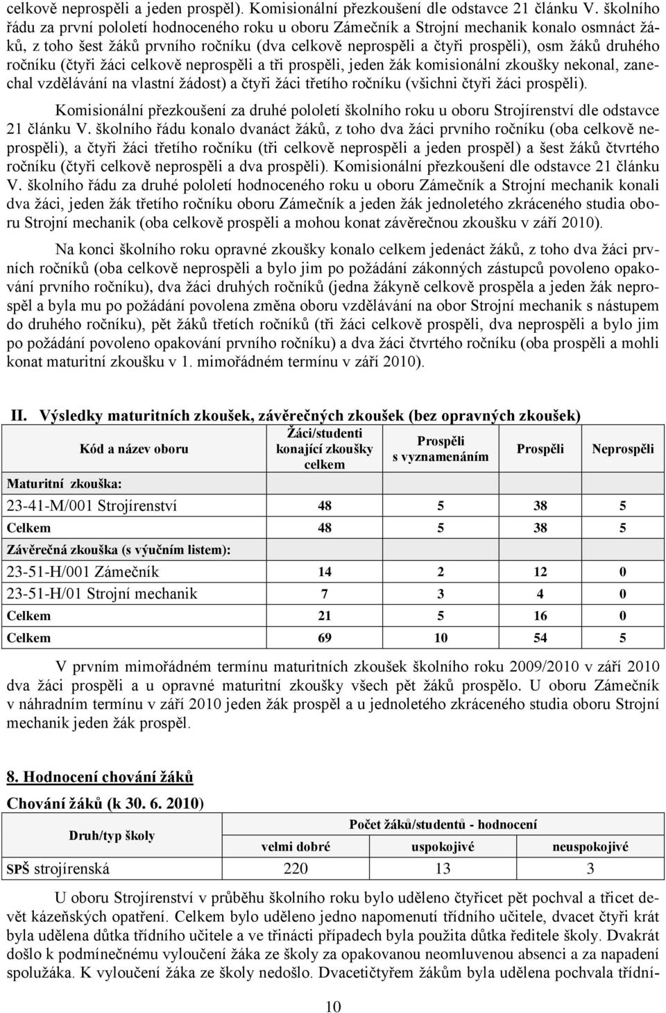 ročníku (čtyři ţáci celkově neprospěli a tři prospěli, jeden ţák komisionální zkoušky nekonal, zanechal vzdělávání na vlastní ţádost) a čtyři ţáci třetího ročníku (všichni čtyři ţáci prospěli).