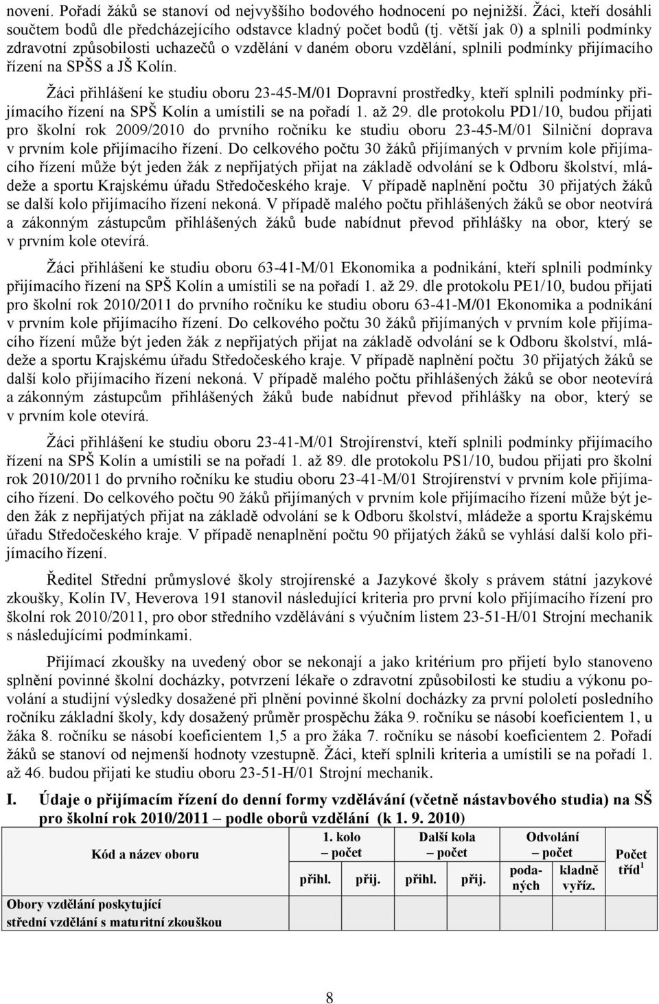 Ţáci přihlášení ke studiu oboru 23-45-M/01 Dopravní prostředky, kteří splnili podmínky přijímacího řízení na SPŠ Kolín a umístili se na pořadí 1. aţ 29.