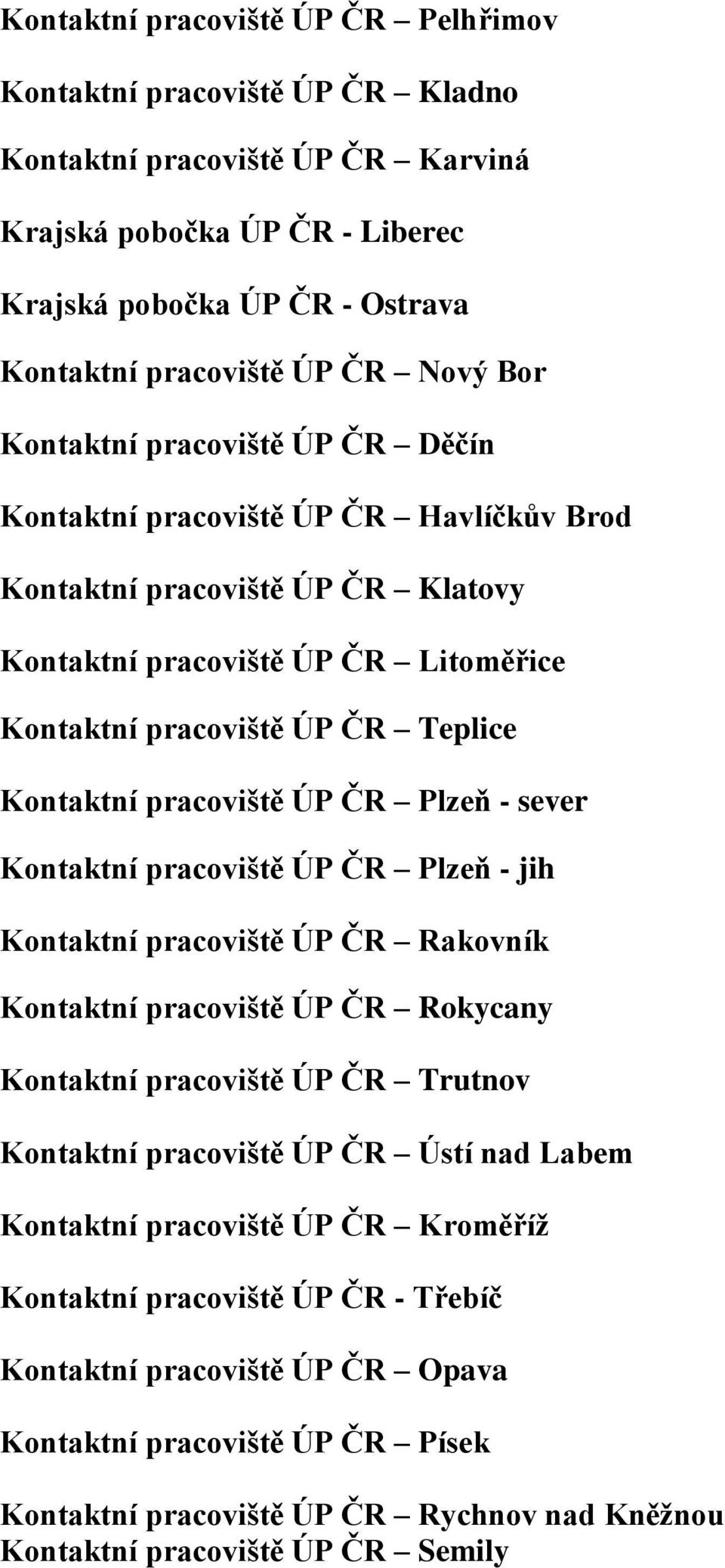 Kontaktní pracoviště ÚP ČR Plzeň - sever Kontaktní pracoviště ÚP ČR Plzeň - jih Kontaktní pracoviště ÚP ČR Rakovník Kontaktní pracoviště ÚP ČR Rokycany Kontaktní pracoviště ÚP ČR Trutnov Kontaktní